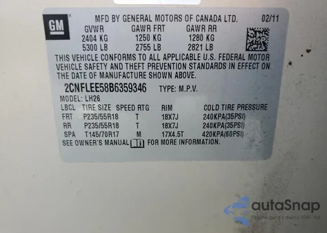 2011 Chevrolet Equinox Lt z USA, uszkodzony, nr VIN 2CNFLEE58B6359346